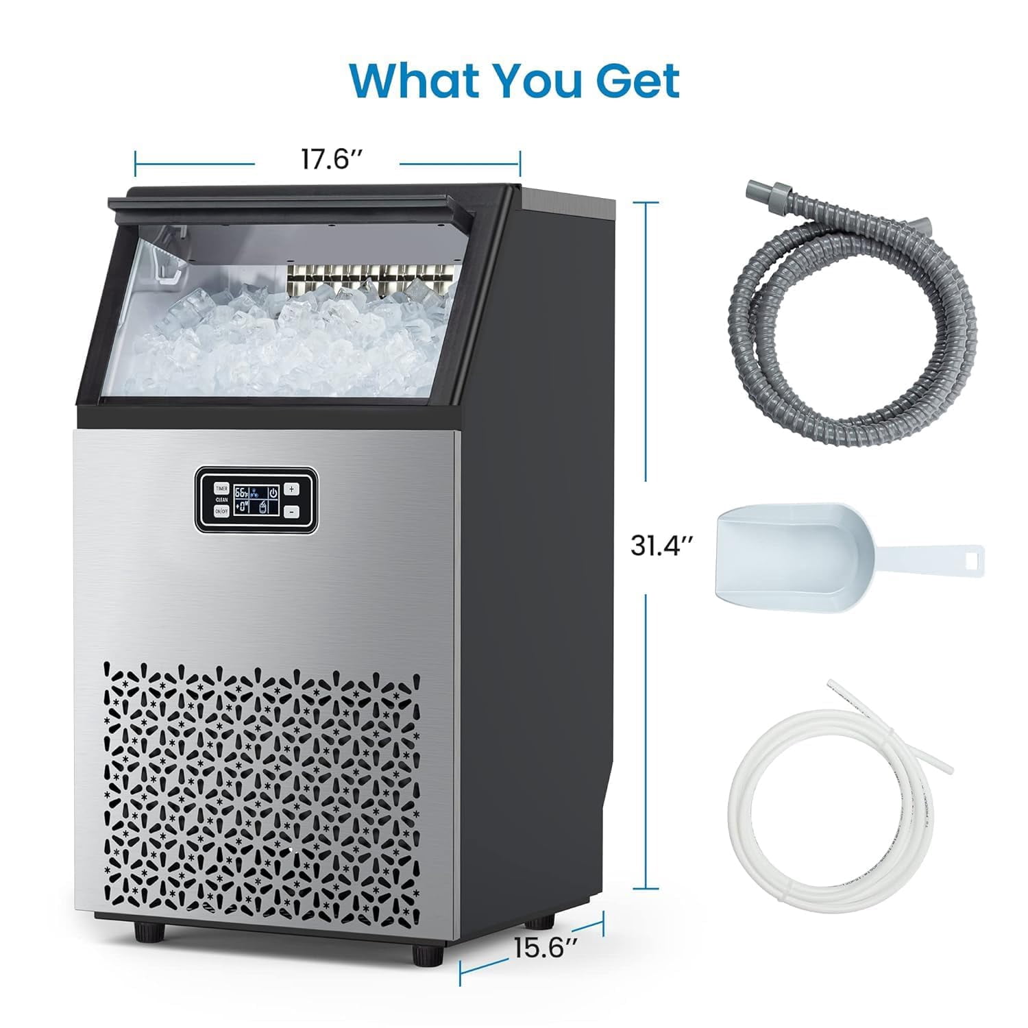 100LBS/24H Commercial Ice Maker Machine, Stainless Steel Freestanding Ice Maker with 33LBS Storage Bin - Heavy Duty Under Counter Ice Machine