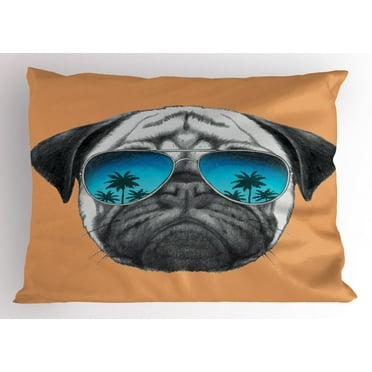 Ambesonne Pug Pillow Sham, Dog and Sunglasses, 36" X 20", Black Orange Blue