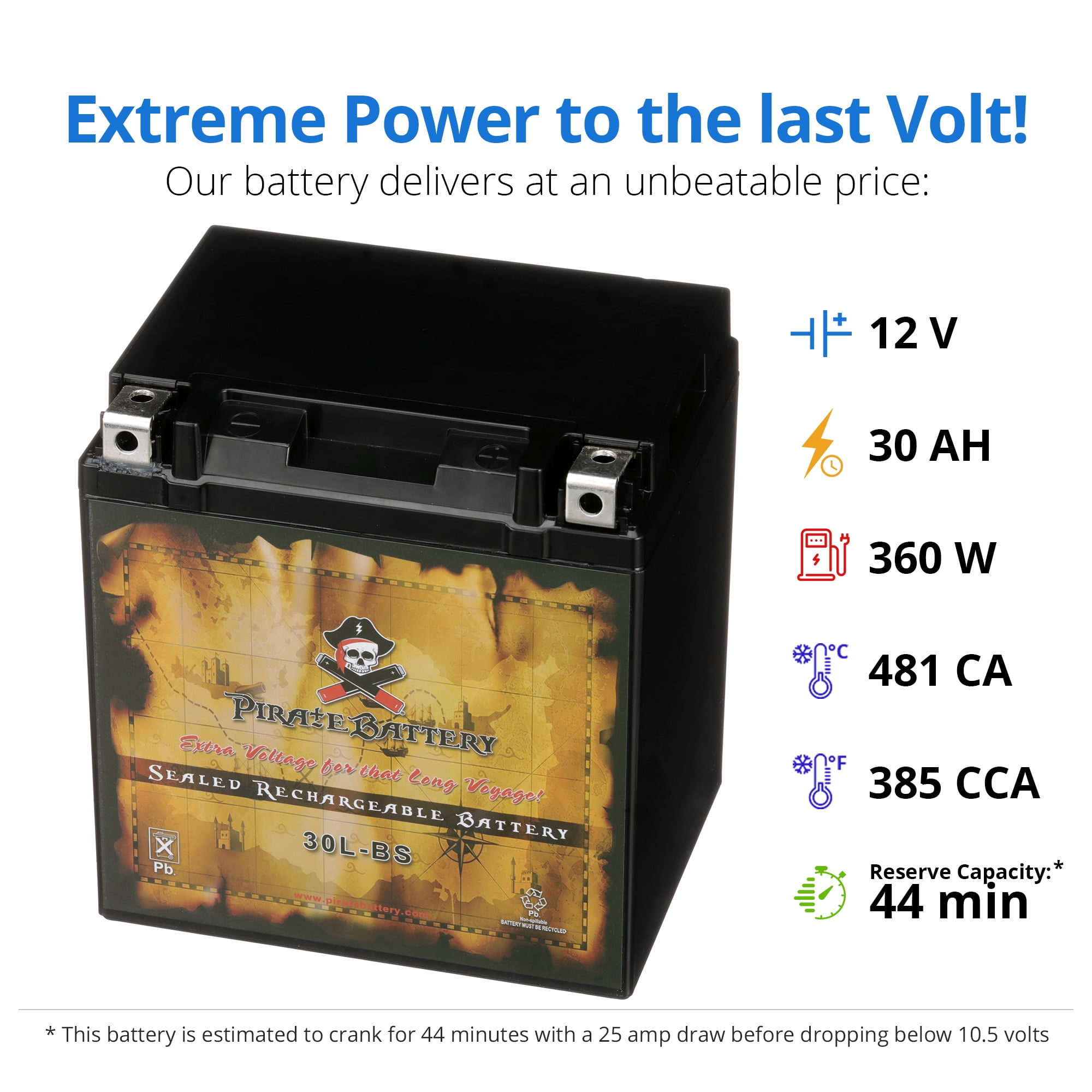Pirate Battery AGM 12 Volt Vehicle Battery, Group Size 30L-B, 270 CCA for Motorcycle