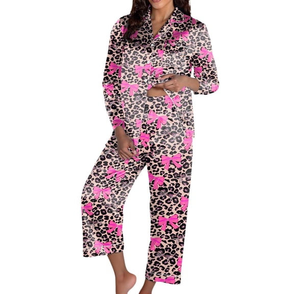 BOOMNY Women's Pajama Set 2 Peice Pajamas for Women Set Leopard Graphic Long Sleeve Plus Size Pjs Tops Pants Sleepwear Outfit Cozy Soft Homewear Loungewear