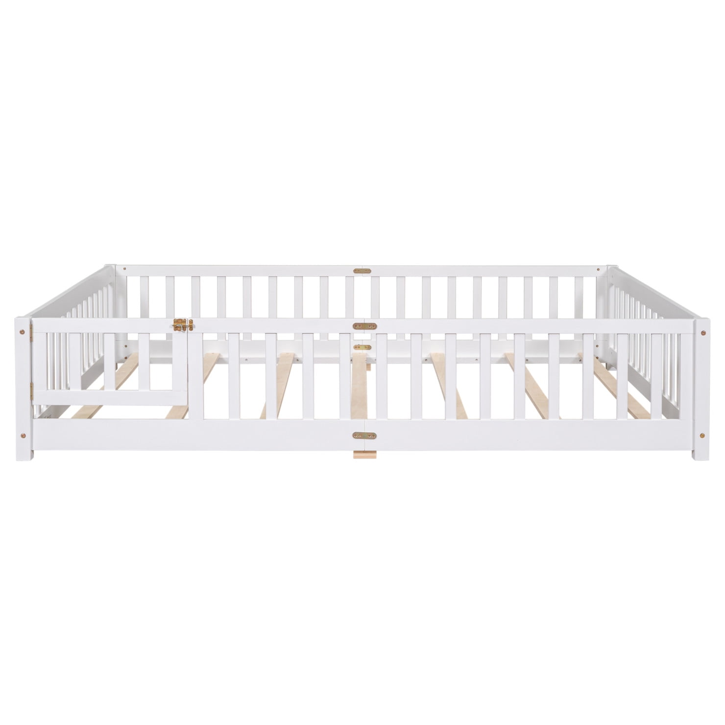 Queen Size Floor Bed for Kids, Wood Platform Bed with Fence and Door, Montessori Bed Frame with Slats Support, Playhouse Bed with Door Design, for Toddler, Boys,Girls,No Box Spring Needed, White