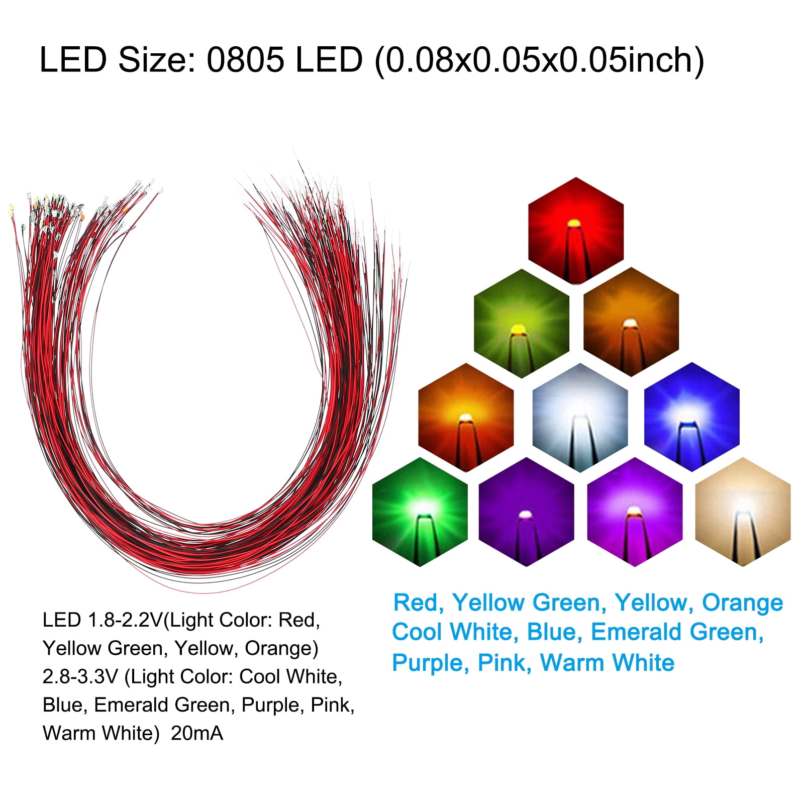 Uxcell 0805 Pre-Wired Micro LED Set, 100 Pcs Mini Light Emitting Diodes, 10 Colors