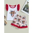 thumbnail image 2 of Wassery 4th of July Baby Girls Summer Clothes Cow Head Print Fly Sleeve Vest+Frills Stars Print Shorts Set 6M-3T 2Pcs Independence Day Outfit, 2 of 9