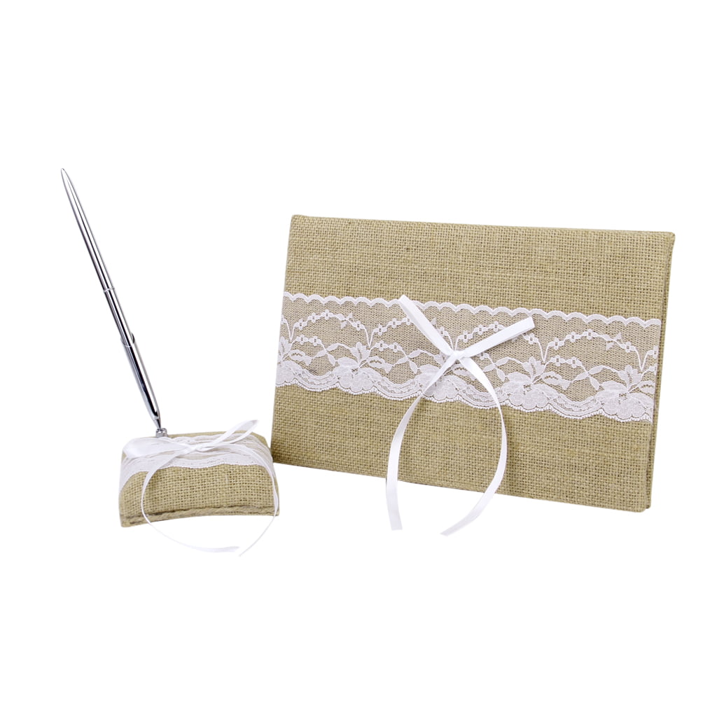 Hessian Burlap Lace Guest Book Pen Stand Set for Rustic Wedding Ceremony 