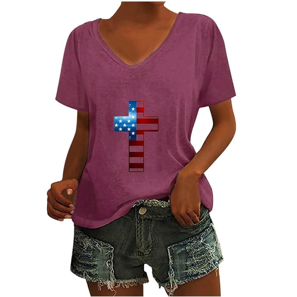 Camisetas Casuales de las Mujeres Gradiente Día de la Independencia Impreso Cuello Redondo, Blusa de Manga Corta para Diario, Fiesta Y Primavera Verano