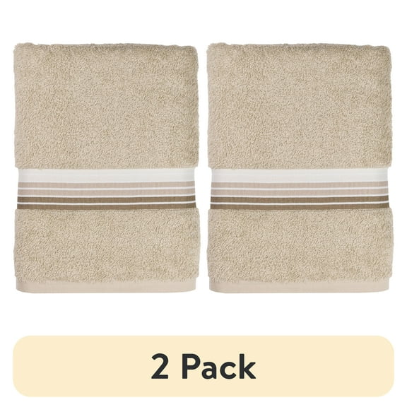 (2 pack) Mainstays Basic Bath Towel, Soft 100% Cotton and Highly Absorbent Striped Bath Towel, Tan
