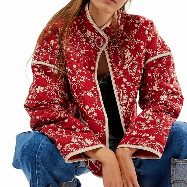 Chaqueta Acolchada Corta con Estampado Floral Vintage para Mujer, Chaqueta Corta Abierta Al Frente, Ropa de Abrigo Impresión Roja M