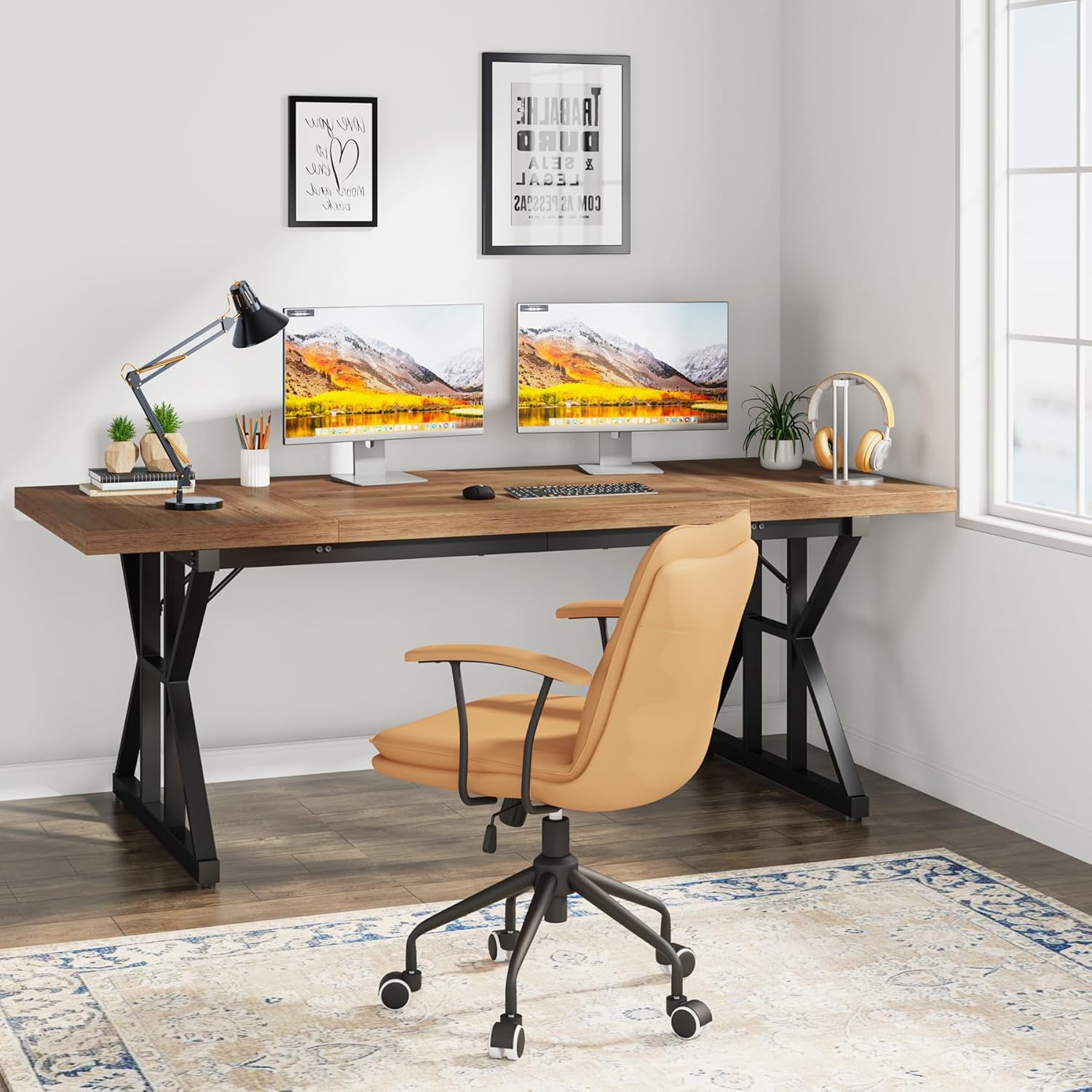 Tribesigns 70.9-Inch Executive Office Desk, Large Computer Work Desk for Home Office (Light Brown & Black)