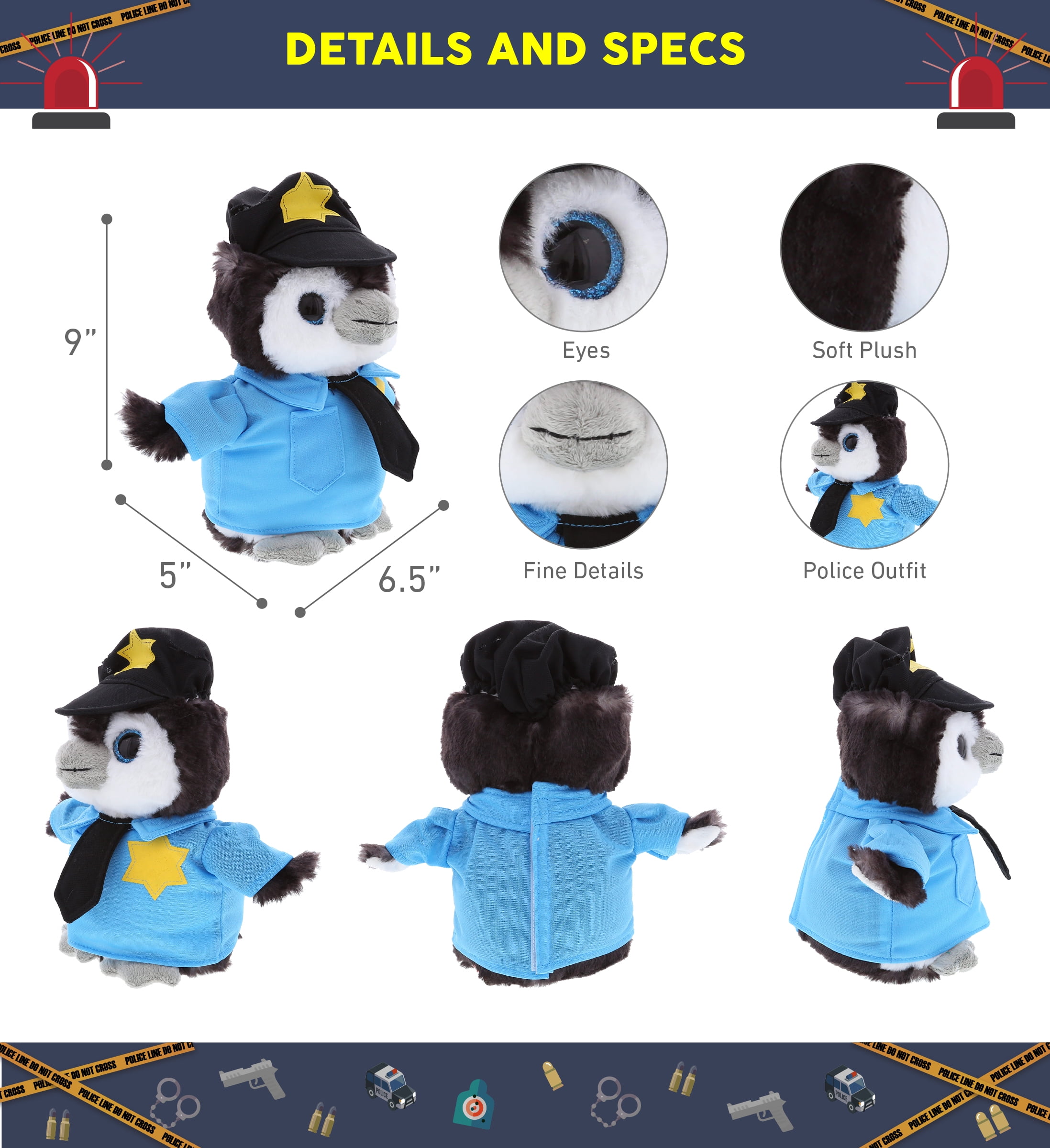DolliBu Grey Penguin Police Officer Plush Toy with Cute Cop Uniform - 9 inches