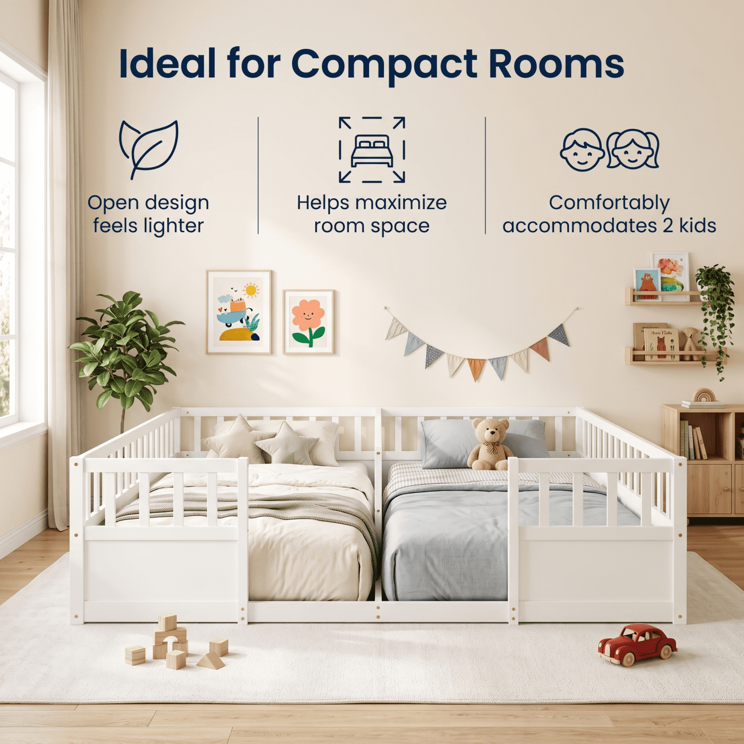 Miniyam Double Twin Size Floor Bed, Wood Kids Bed with Guardrails, White
