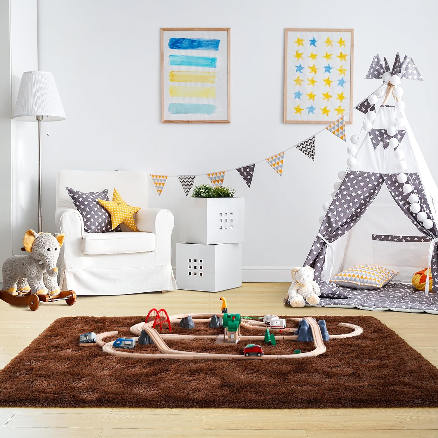 Junovo Super Soft Fluffy Area Rugs Modern Shag Rug for Bedroom Living Room,Cute Carpets for Kids Nursery Girls Home Dorm,6'x9',Brown