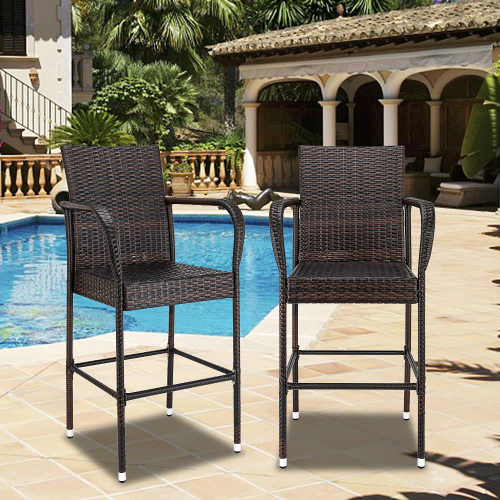 Patio Rattan Furniture for Garden Pool Lawn Backyard Brown Wicker Rattan Bar Stool with Footrest and Armrest MFSTUDIO Outdoor Bar Stools Set of 2 