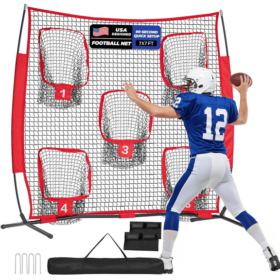 RXFSP 7x7 Ft Football Throwing Net, Quarterback Training Equipment with 5 Target Pockets, Portable, 1 Pack