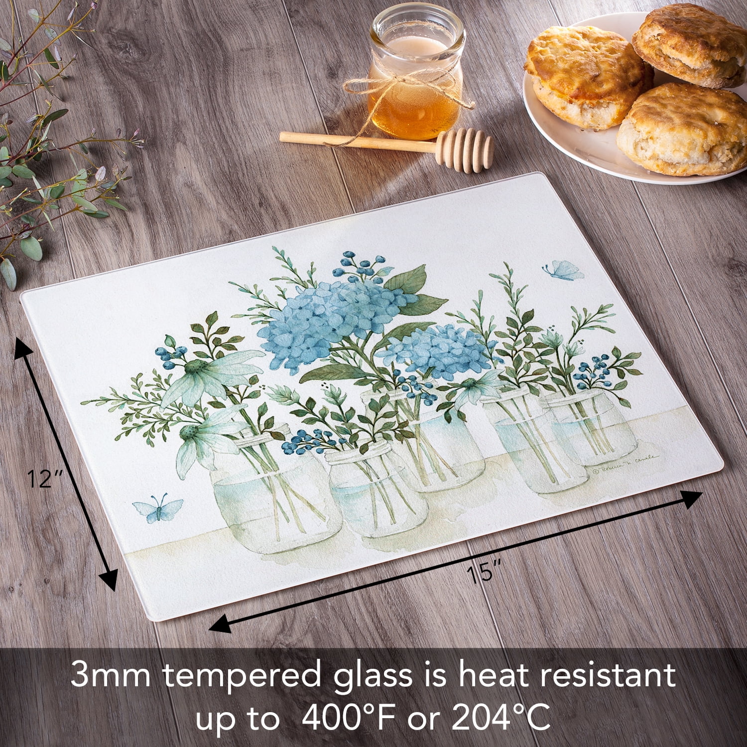 CounterArt Mason Jar Floral 3mm Tempered Glass Cutting Board 15" by 12"