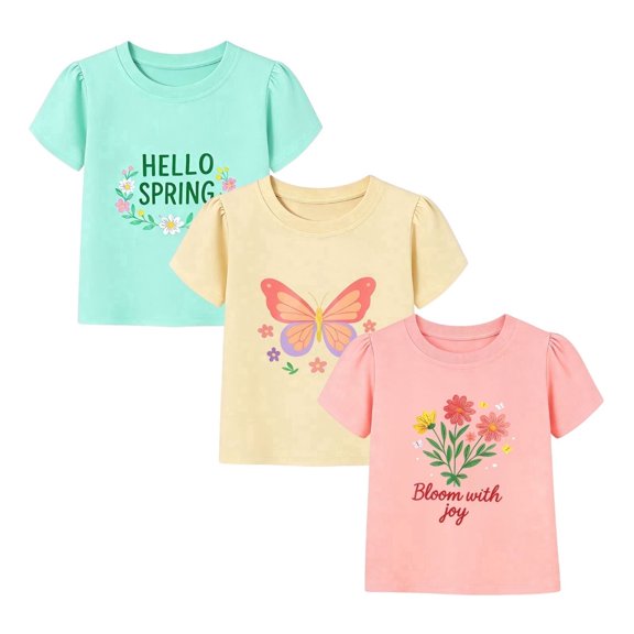 HILEELANG 2-7T Toddler/Little Girls 100% Cotton 3 Pack Floral Butterfly Graphic Short Sleeve T-Shirt, Size 4T