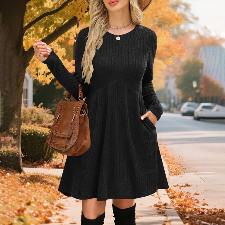 Midi Knit Dress Women's Sweater Dress Fall Midi - Long Sleeve Ribbed Knit  Tunic Dress To Wear With Leggings, Multiple Colors Long Sleeve Crewneck Tunic  Dress