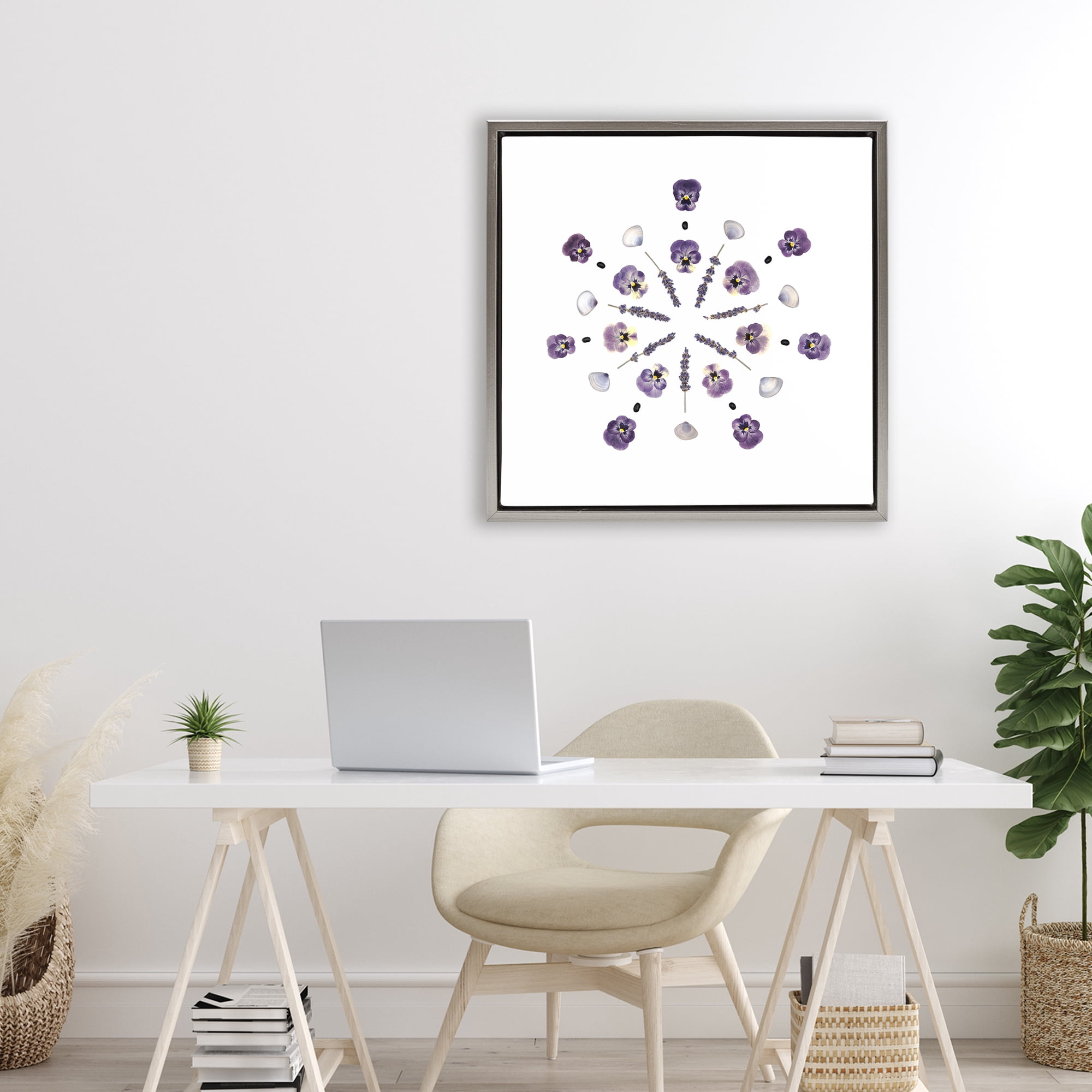 Stupell Industries Pansies & Lavender Symmetry Gray Framed Floater Canvas Wall Art, design by Beth Adoette