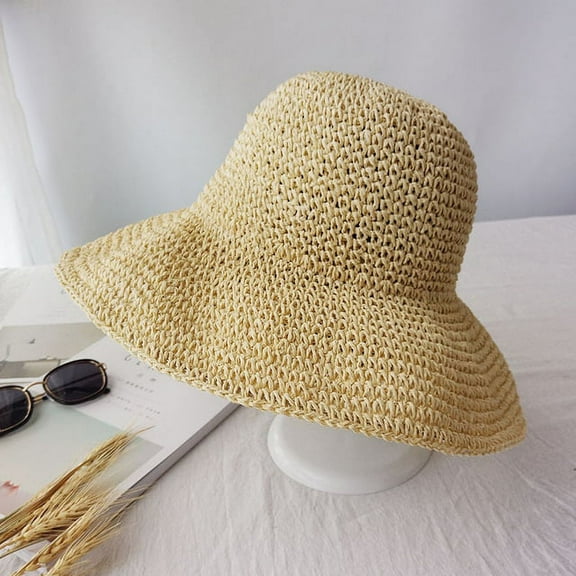 COCOpeaunt Summer Autumn Hats for Women Retro Flat Drooping Hat Brim Hand-made Straw Hat Ladies Outdoor Sun Protection Beach Straw Hat