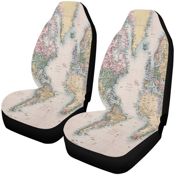 POGLIP Set of 2 Car Seat Covers Vintage World Map Universal Auto Front Seats Protector Fits for Car,SUV Sedan,Truck