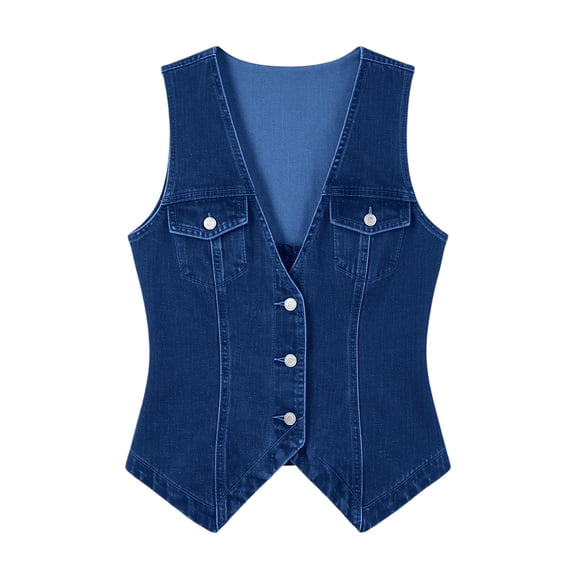 PBFRDSJ Womens Denim Vest Deep V Neck Sleeveless Button Down Jean Waistcoat Slim Retro Casual Jacket with Chest Pockets