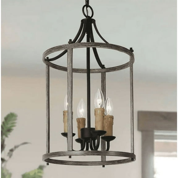 4-Light Brown Farmhouse Cage Chandelier with Faux Wood Accents Cylindrical Chandelier