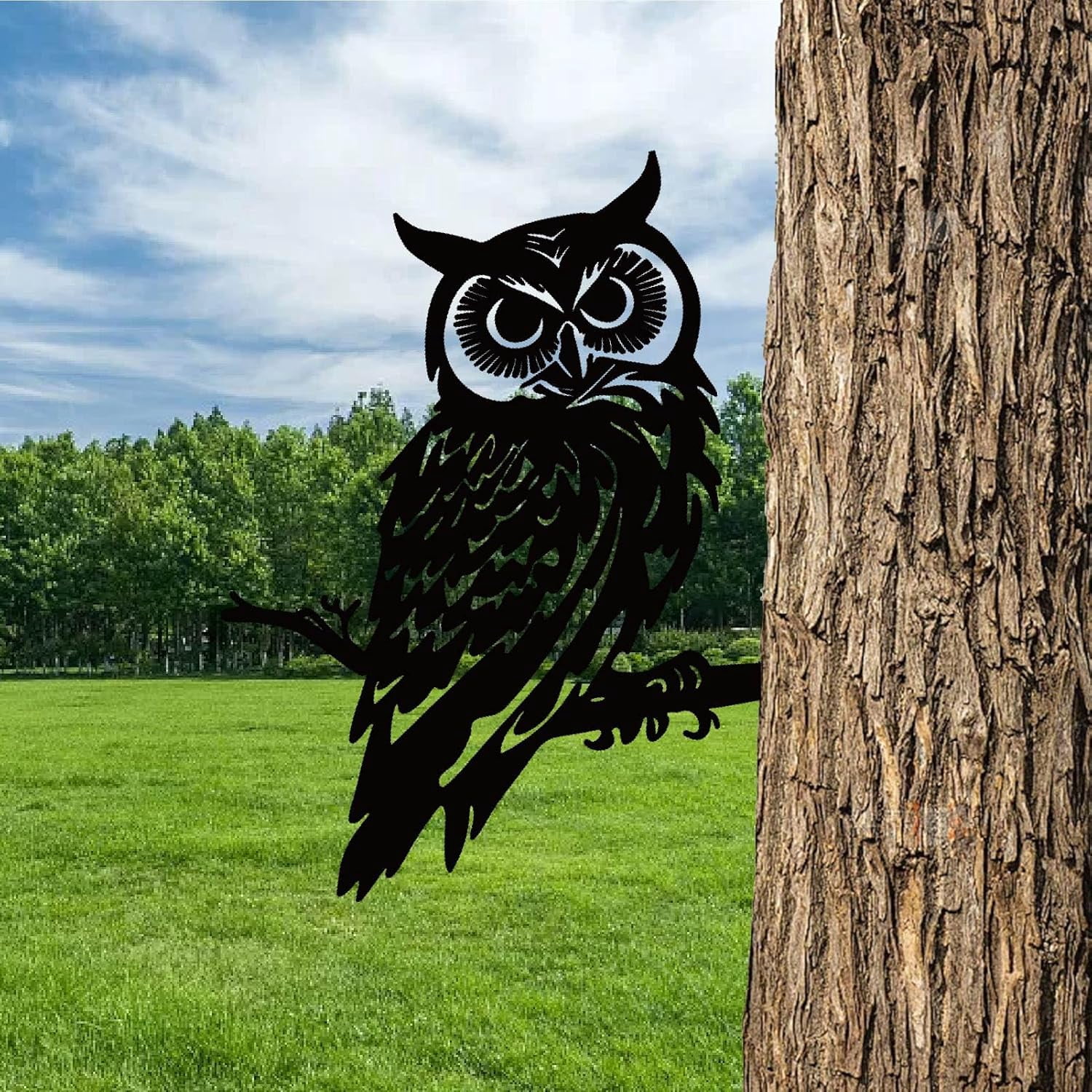 Owl Metal Yard Art Bird Garden Statues Outdoor Iron Owl Tree Stake Black Decorative Wild Animal Black Silhouette Wall Ornaments Yard Art Insert for Outdoor Fence Farm Lawn Patio 11.8x11.8in