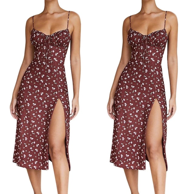 Vestido burdeos sexy elegante con Cuello en V y cordones florales divididos de verano para mujer S y M YONGSHENG