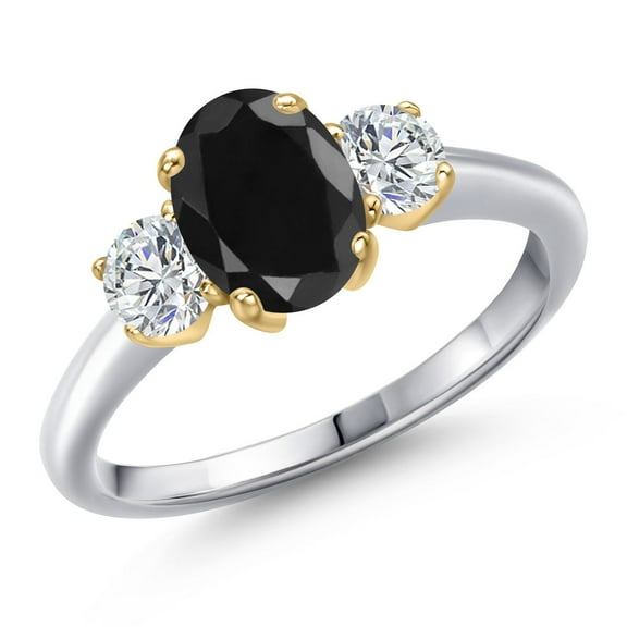 Gem Stone King 10K Two Tone Gold Black Sapphire and Lab Grown Diamond Engagement Ring for Women | 2.20 Cttw | Oval 8X6MM | Gemstone September Birthstone | Size 7