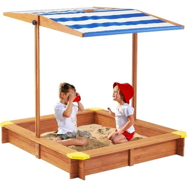 JXXRZ Kids Sandbox with Cover, 46" Wooden Sand Box w/Adjustable Canopy, Large Outdoor Cedar Sandpit for Backyard Play