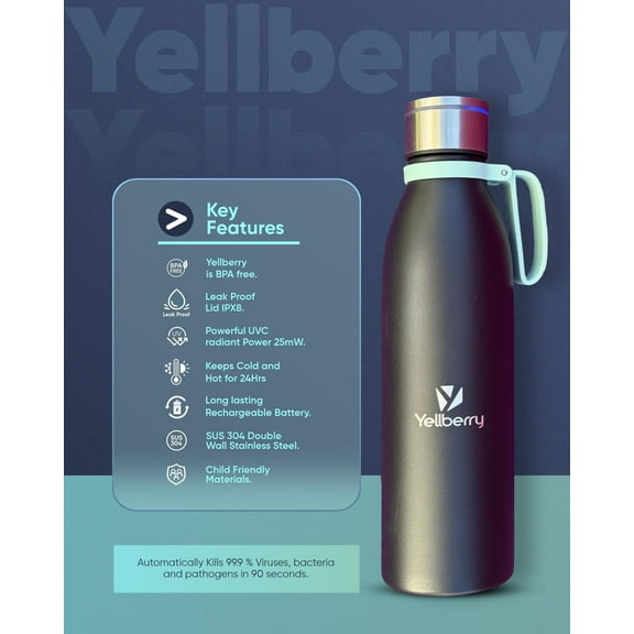 Yellberry Noir Hydra Self-Cleaning Smart UV-C Water Bottle, 24oz Black, Stainless Steel, BPA-Free, USB Magnetic Charging