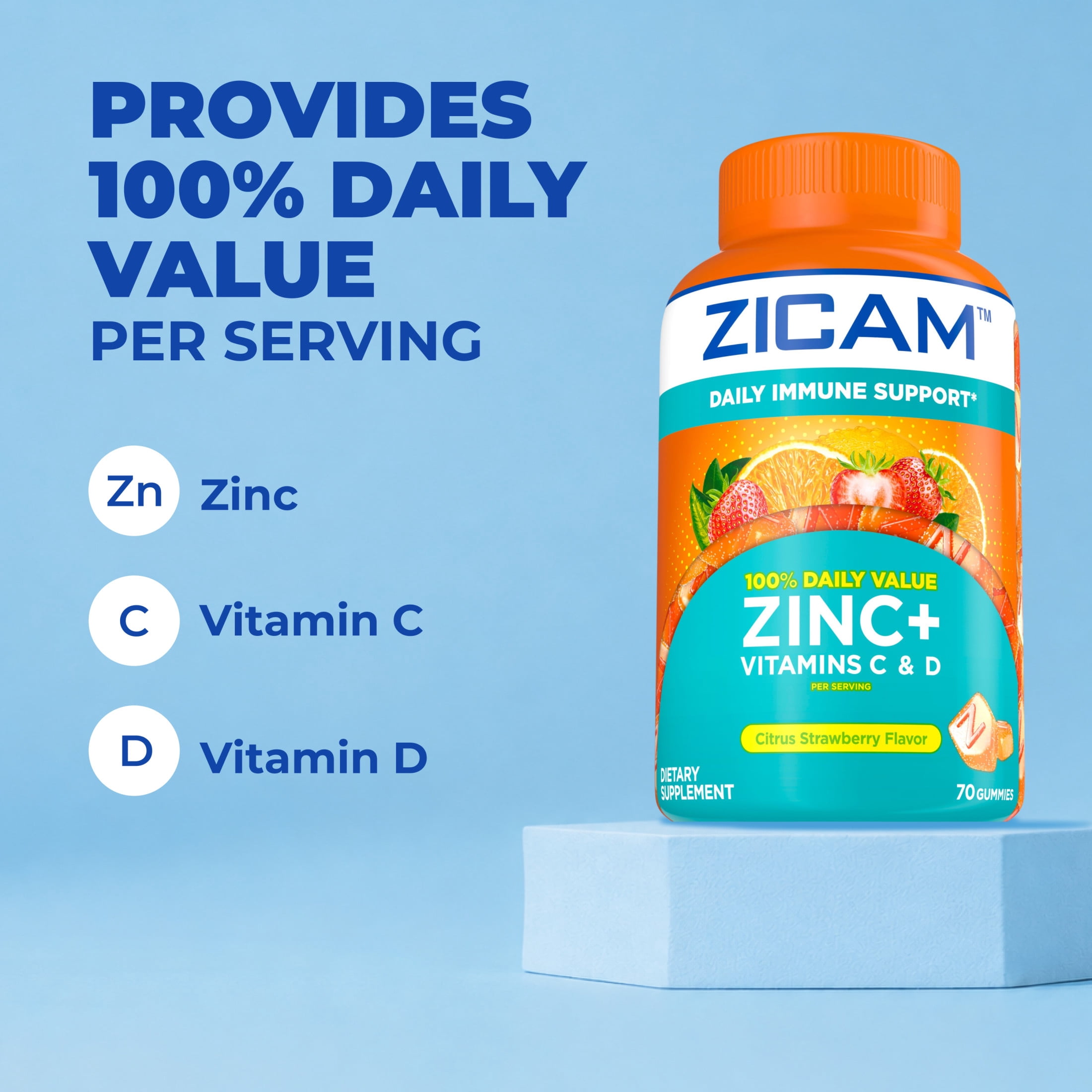 (3 pack) Zicam Daily Immune Support, Gummy Supplement, Zinc, Vitamin C and Vitamin D, Citrus Strawberry Flavor, 70 Count