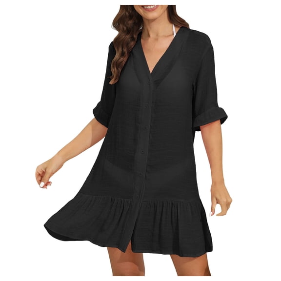 KPOPLK Women Crochet Swim Cover Up Short Sleeve V Neck Bathing Suit Beach Dress Summer Swimwear Coverups(Black,XL)