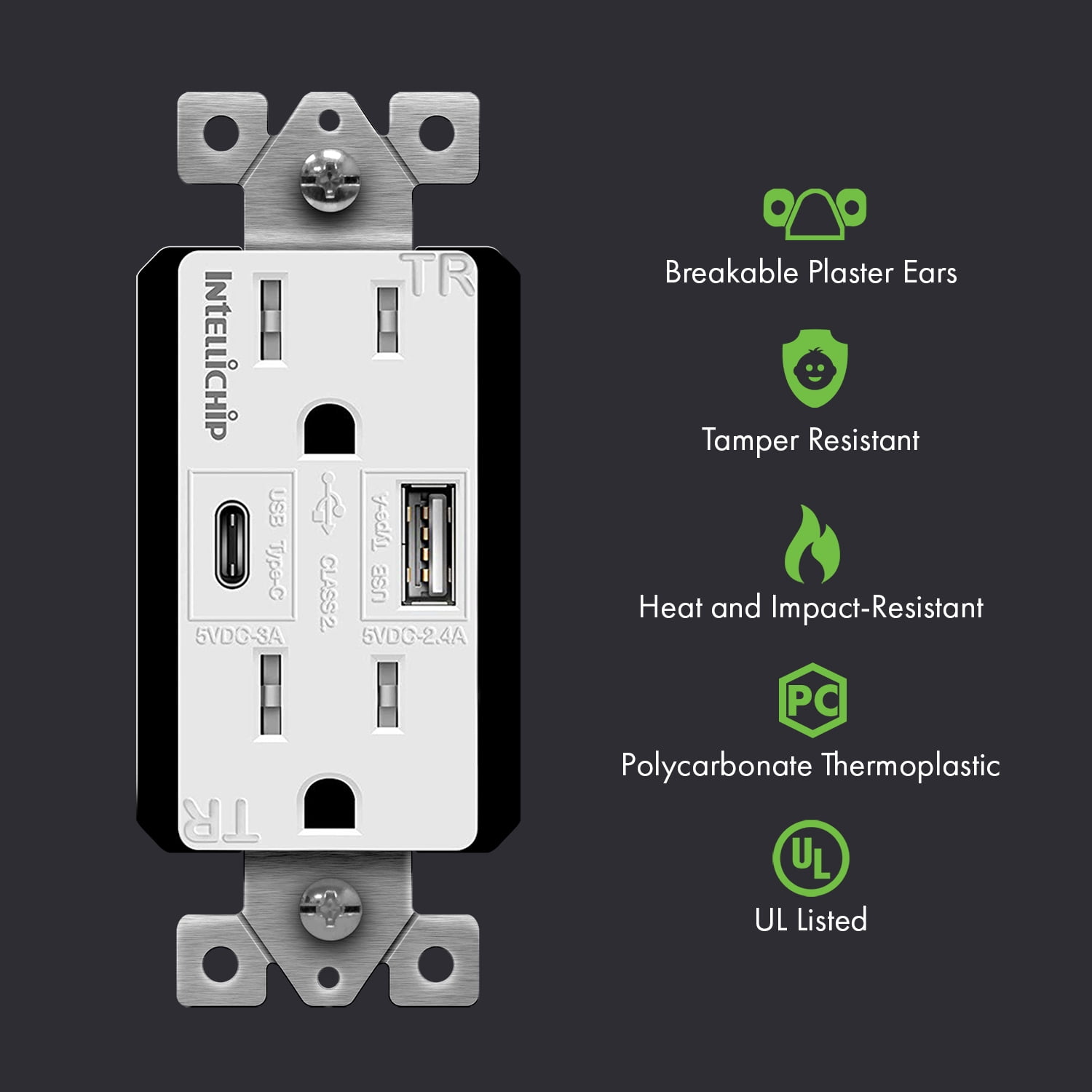 TOPGREENER 5.8A High Speed USB Type-C/A Combo Outlet, 15A Tamper-Resistant Receptacle, White, 3 Pack
