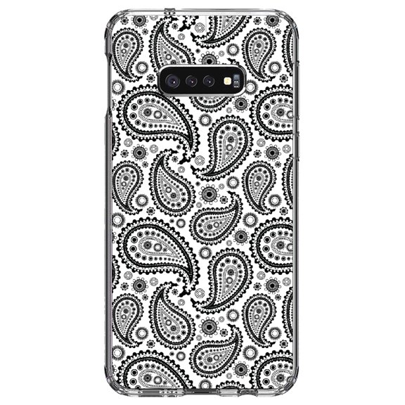 DistinctInk Clear Shockproof Hybrid Case for Samsung Galaxy S10e (5.8" Screen) - TPU Bumper, Acrylic Back, Tempered Glass Screen Protector - Black & White Paisley