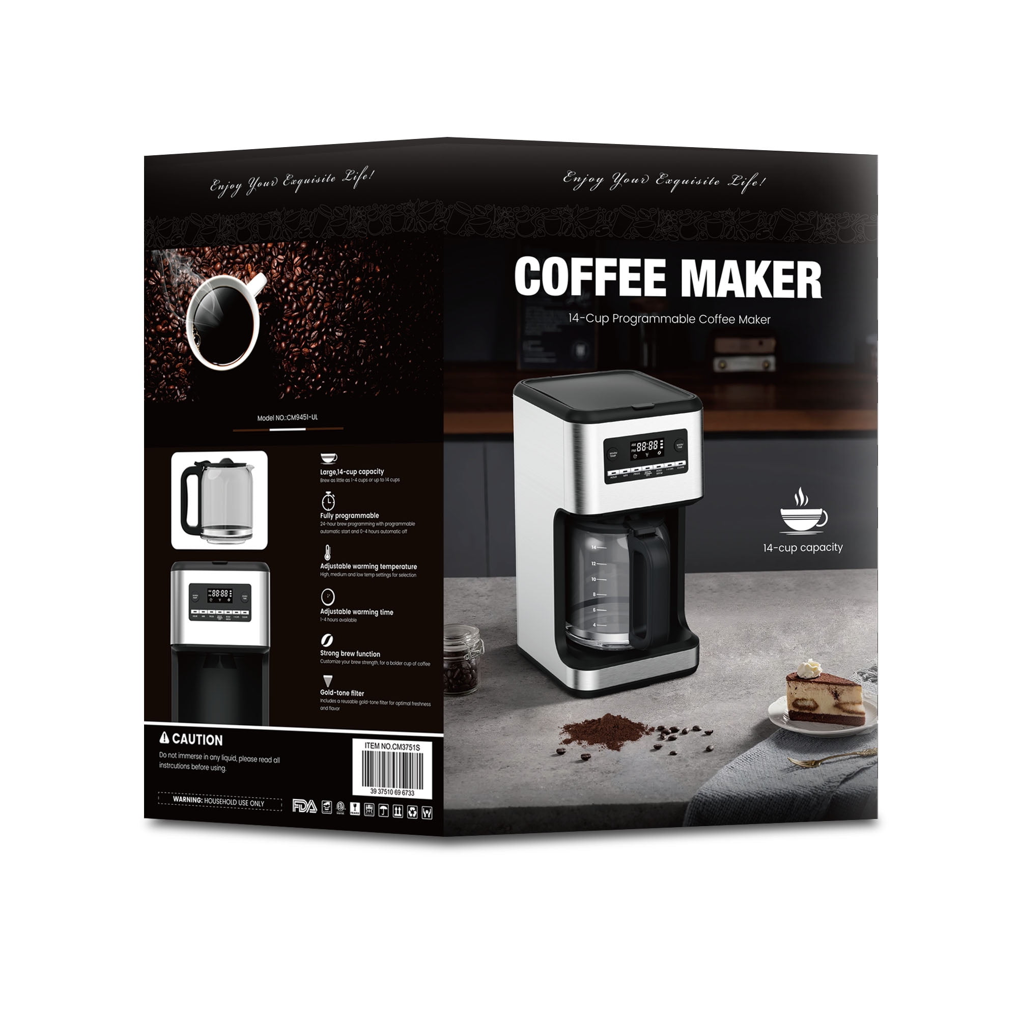 Auseo 14-Cup Programmable Drip Coffee Maker,  Tea maker - 24Hr Brew Scheduling, Bold Brew & Self-Cleaning, 1050W Fast Brewing w/Large Glass Carafe & Reusable Filter for Home/Office (Stainless Steel)