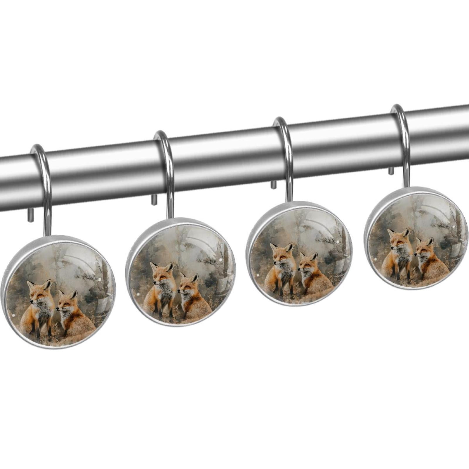 Watercolor Forest Foxes Shower Curtain Hooks Round Crystal Glass, Set of 12 Shower Curtain Rings - Shower Hooks for Curtain Shower Rings