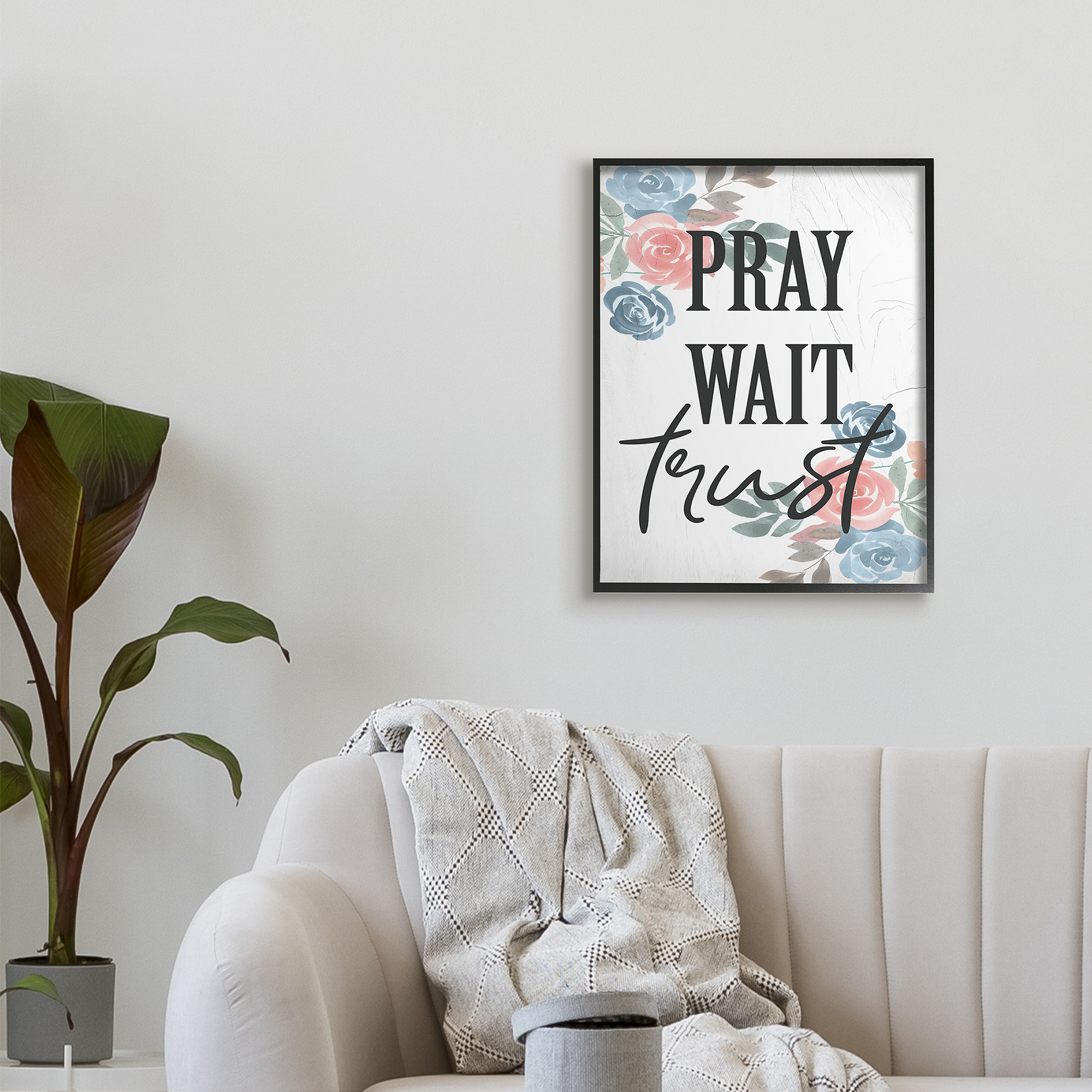 Stupell Industries Pray Wait Trust Phrase Blue Pink Roses,24 x 30,Designed by Daphne Polselli