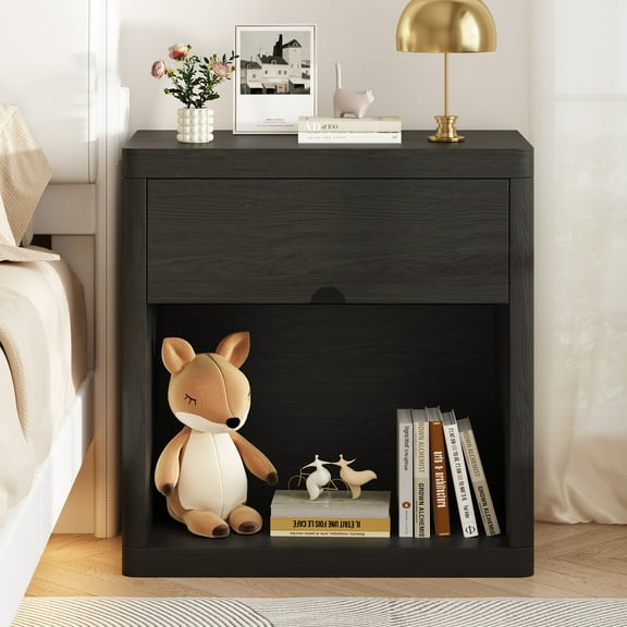 NEGYLIM 24" Wood Nightstand with USB Charging Station, Bedside Table with Safe Rounded Corners & Crescent Handles – Sturdy End Table for Bedroom, Living Room, Nursery (Black, 1-Piece)