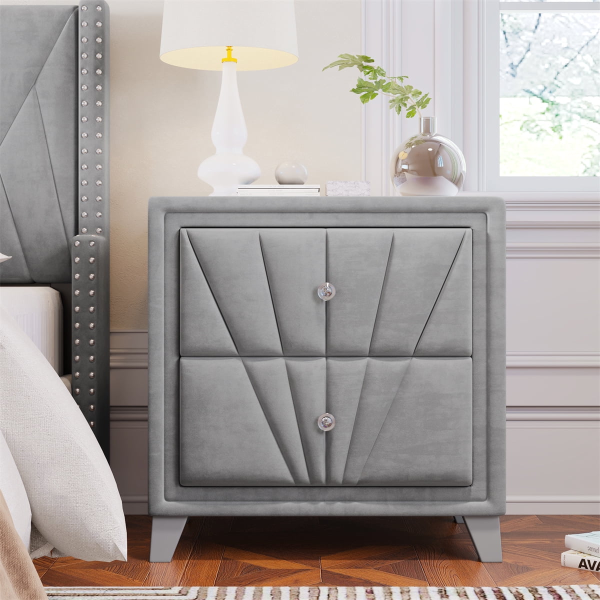 2-Drawers Nightstand with Tapered Feet and Metal Hardware Pulls, Sturdiness Wood Frame, Bedroom/Living Room Furniture - Dark Grey