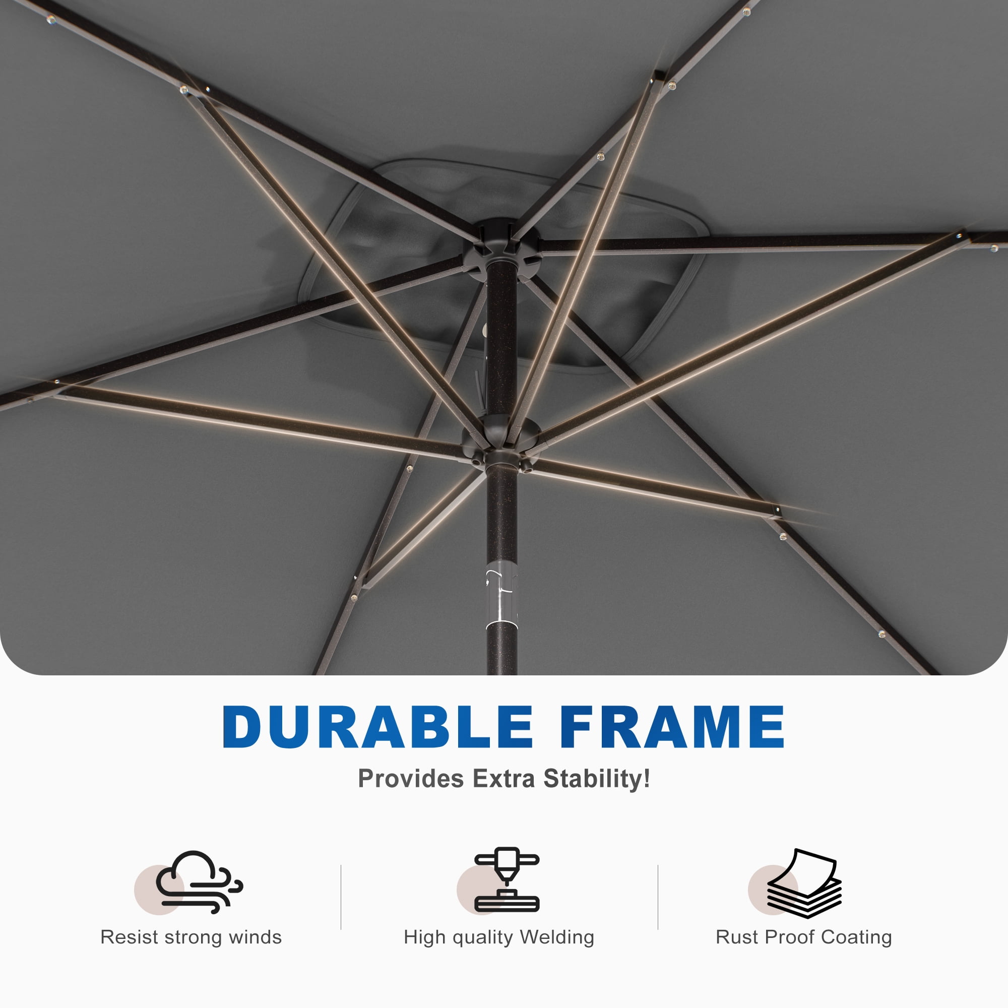 CHYVARY LED Outdoor Patio 6x9ft Deck Solar Light Market Umbrella, Outside Table Umbrellas With Polyester canopy,Gray