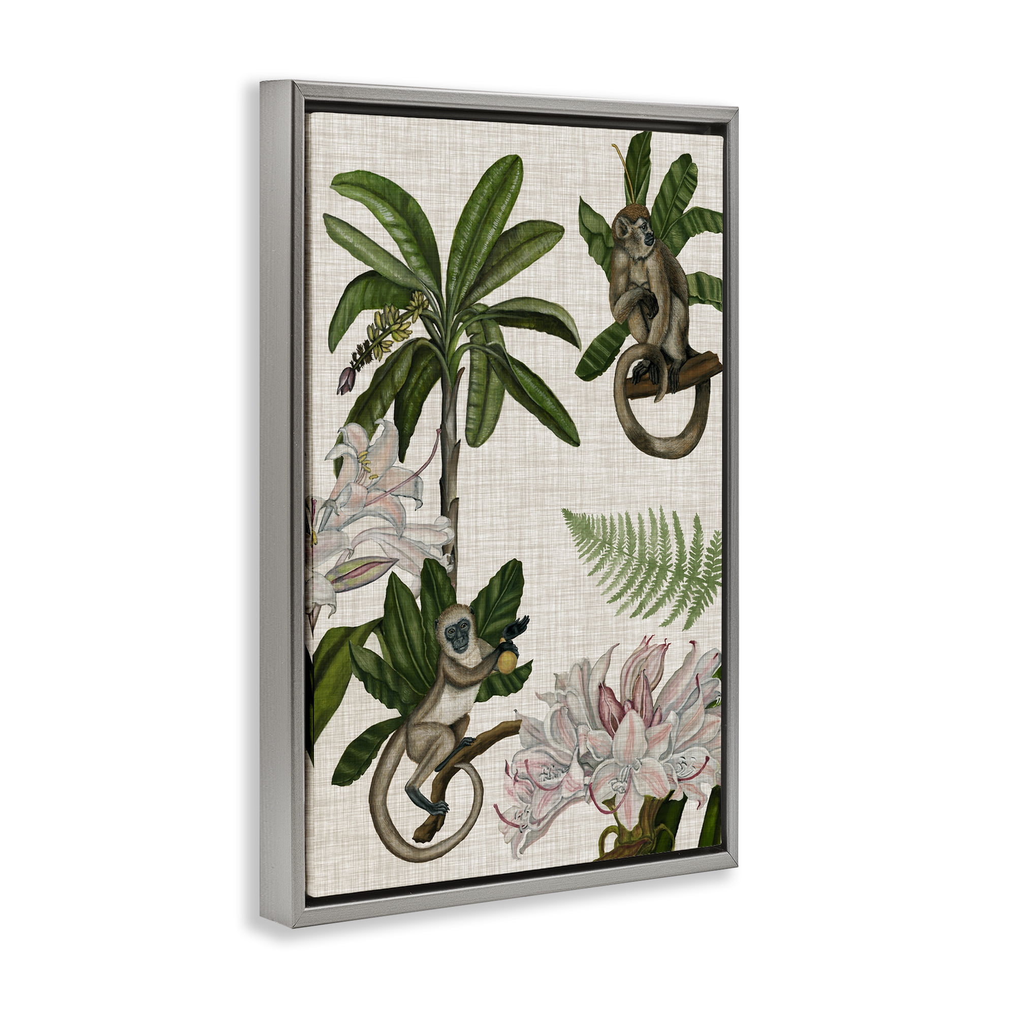 Stupell Industries Tropical Monkey Studies Plants & Flowers Painting Gray Floater Framed Canvas Art Print Wall Art, 21 x 31
