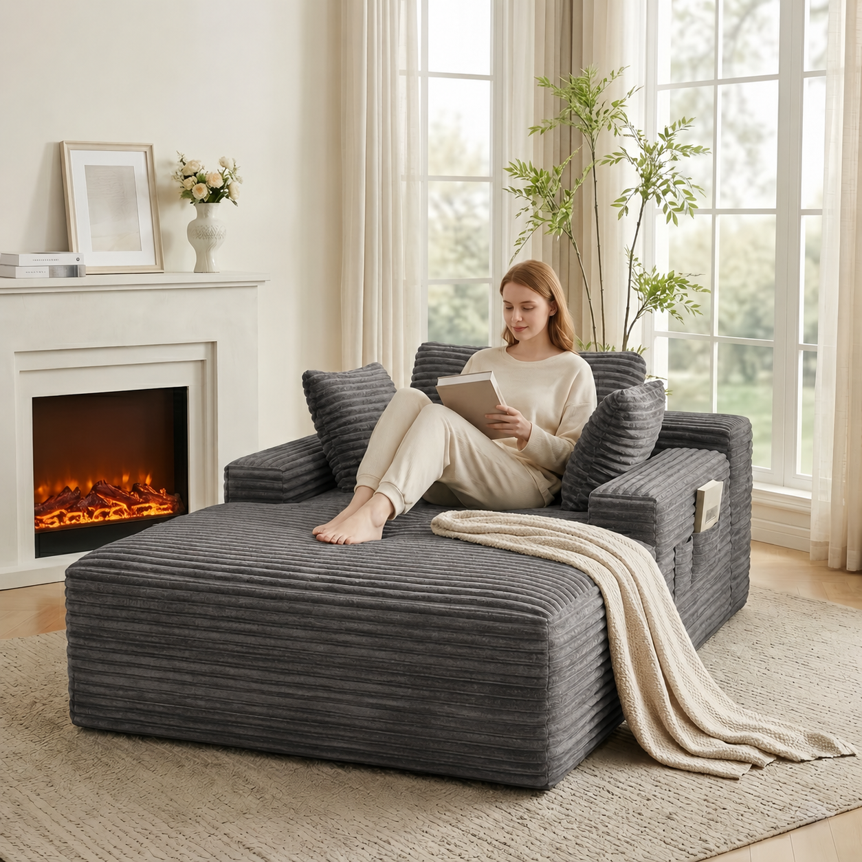 Noelse 67" Oversized Chaise Lounge, Gray Corduroy photo 1