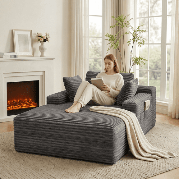 Noelse 67" Oversized Chaise Lounge Chair Indoor Furniture, Plush Corduroy Floor Sofa Bed with 3 Pillows, Deep Seat, No Assembly, Gray