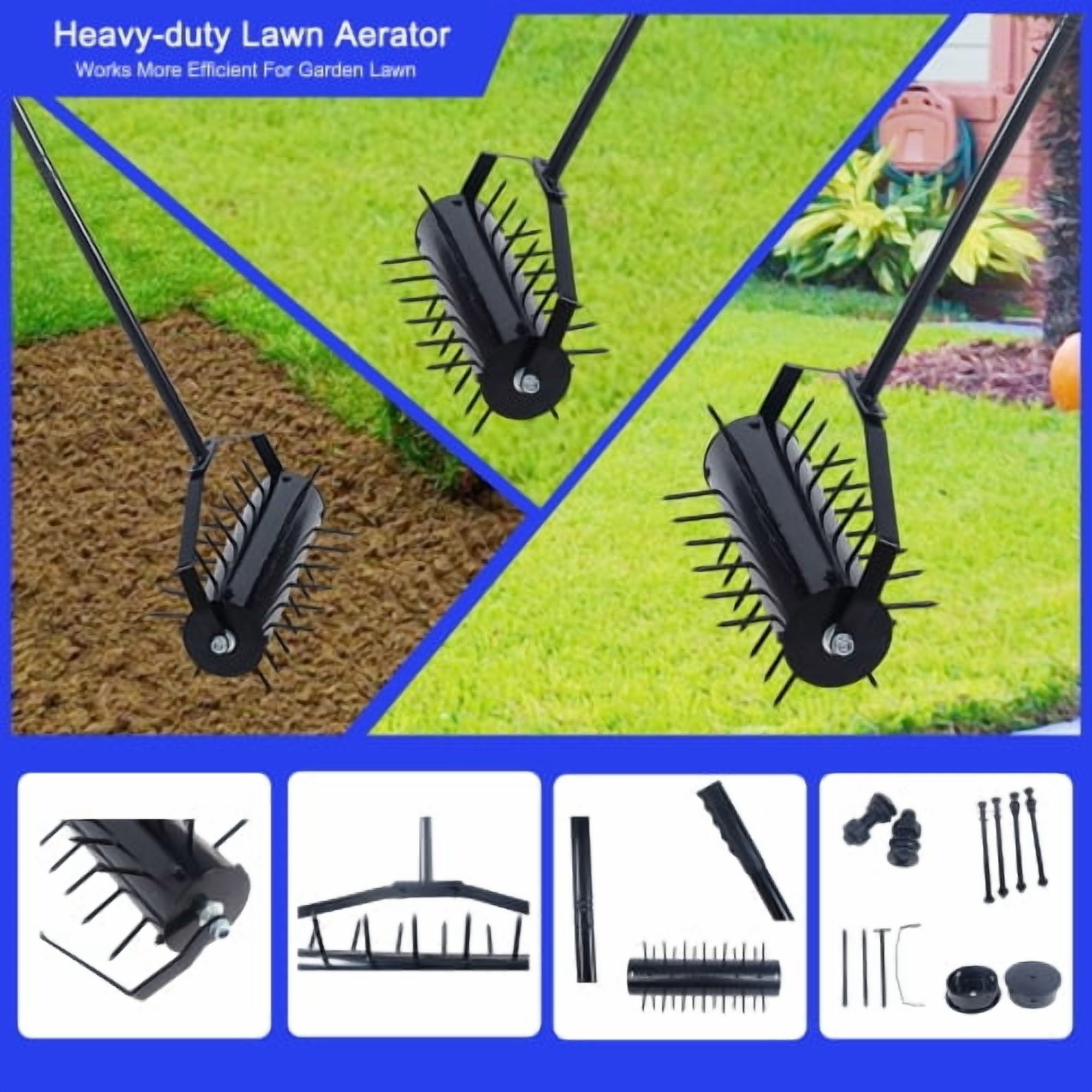 Zateety Rolling manual lawn aerator, Home aerator lawn tool pusher, 58-inch handle push lawn aerator for lawns, yards and gardens