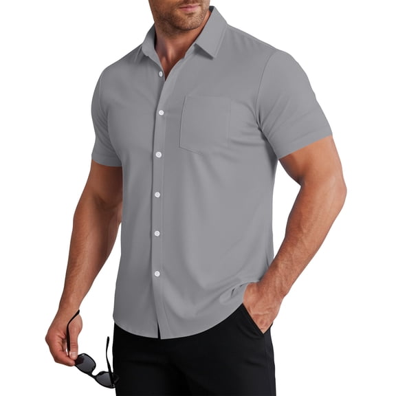 CIENVNSTG Men's Summer Button Down Shirts Short Sleeve Regular Fit Solid Color Casual Business Dress Shirt with Chest Pocket Light Gray XL
