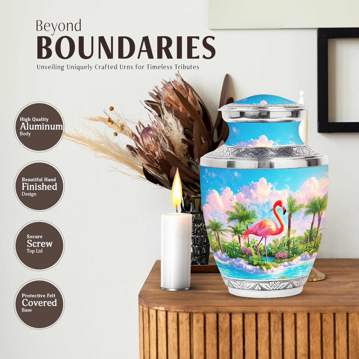 JAGASY Pink Flamingo Memorial Urn for Ashes Adult Male, Blue Urns for Human Ashes, Tropical Landscape & Palm Trees Decorative Urns for Couple, Large Cremation Urn for Husband & Wife, (10 Inch)