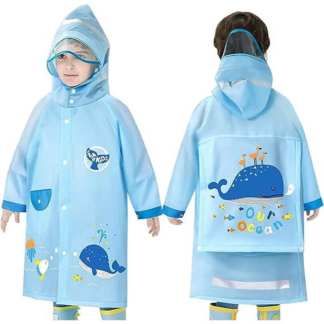Blue Whale Chubasquero para niños y niñas, capa de lluvia, impermeable, impermeable, con capucha, impermeable, reutilizable, 5-6 años