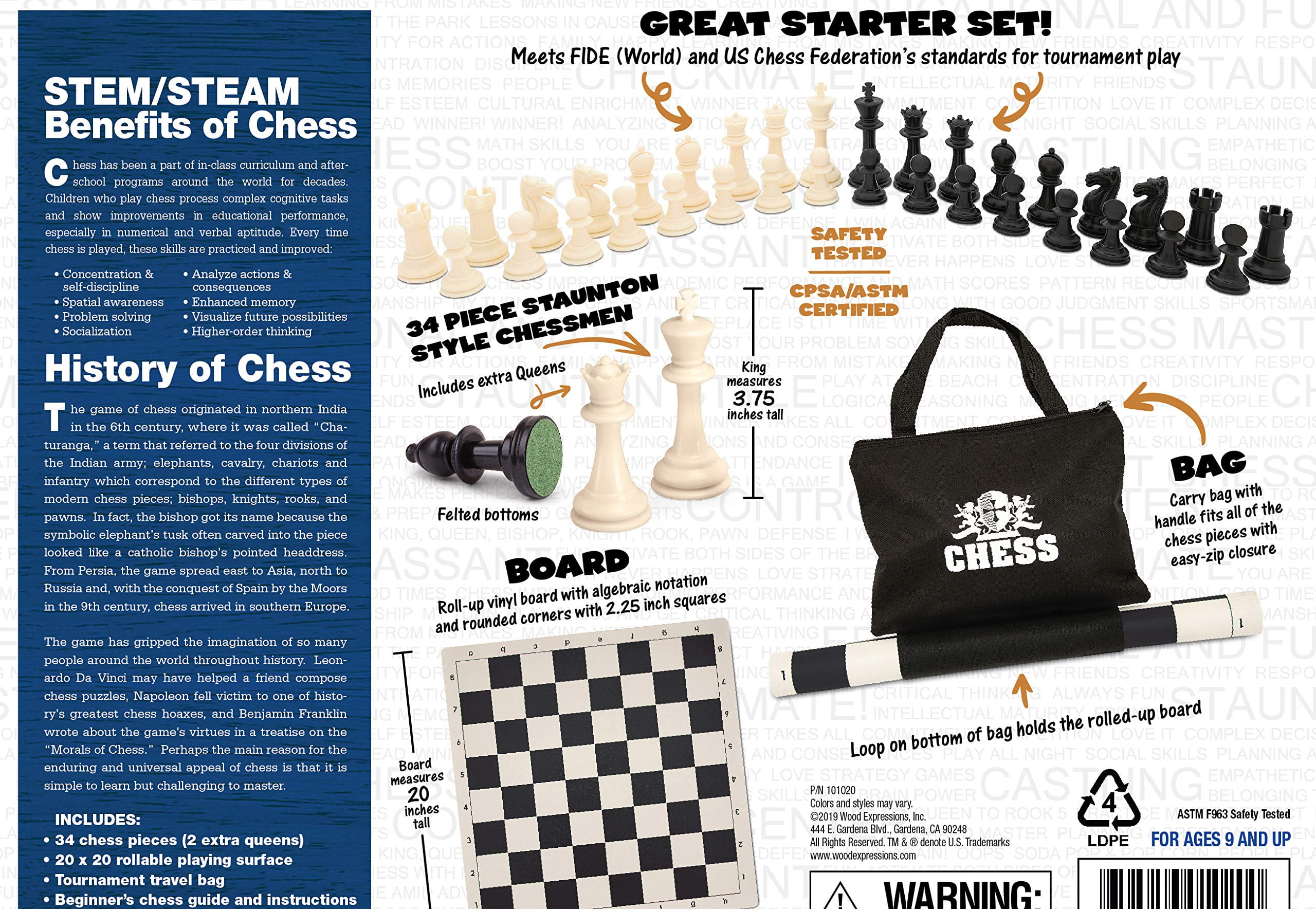 WE Games Best Value Tournament Chess Set w/ a Green Roll Up Vinyl Board,  Plastic Pieces