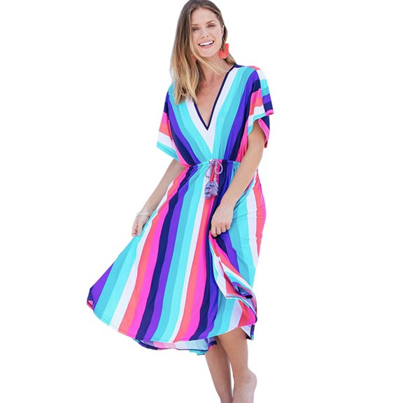 EDOLYNSA Colorful Kaftan Beach Long Tunic Bohemian Loose Summer Dress Robe Plus Size Women Beach Wear Swim Suit Cover Up