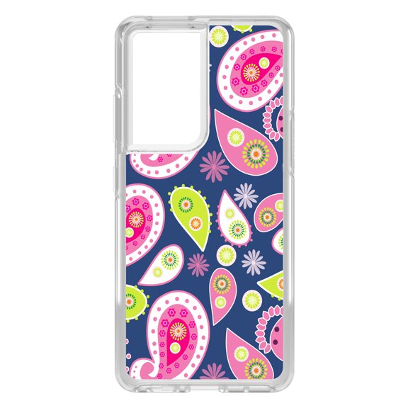 DistinctInk Clear Shockproof Hybrid Case for Galaxy S21 ULTRA 5G (6.8" Screen) - TPU Bumper, Acrylic Back, Tempered Glass Screen Protector - Pink Green Navy Paisley